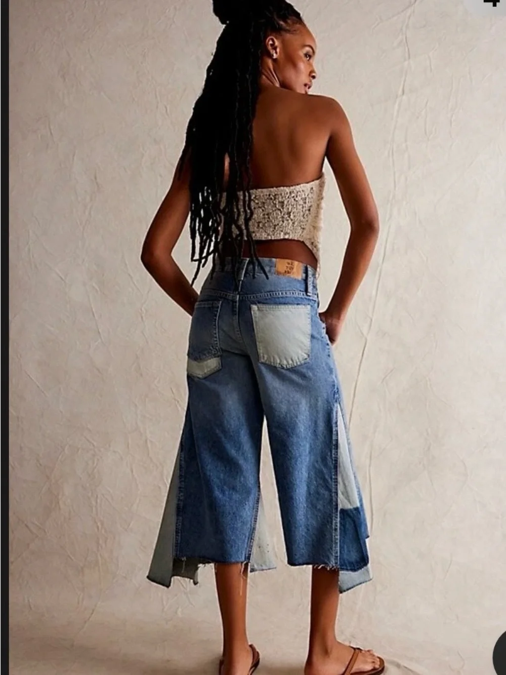 Free People Ripple Patchwork Wide-Leg Cropped Jeans, Sz 29
